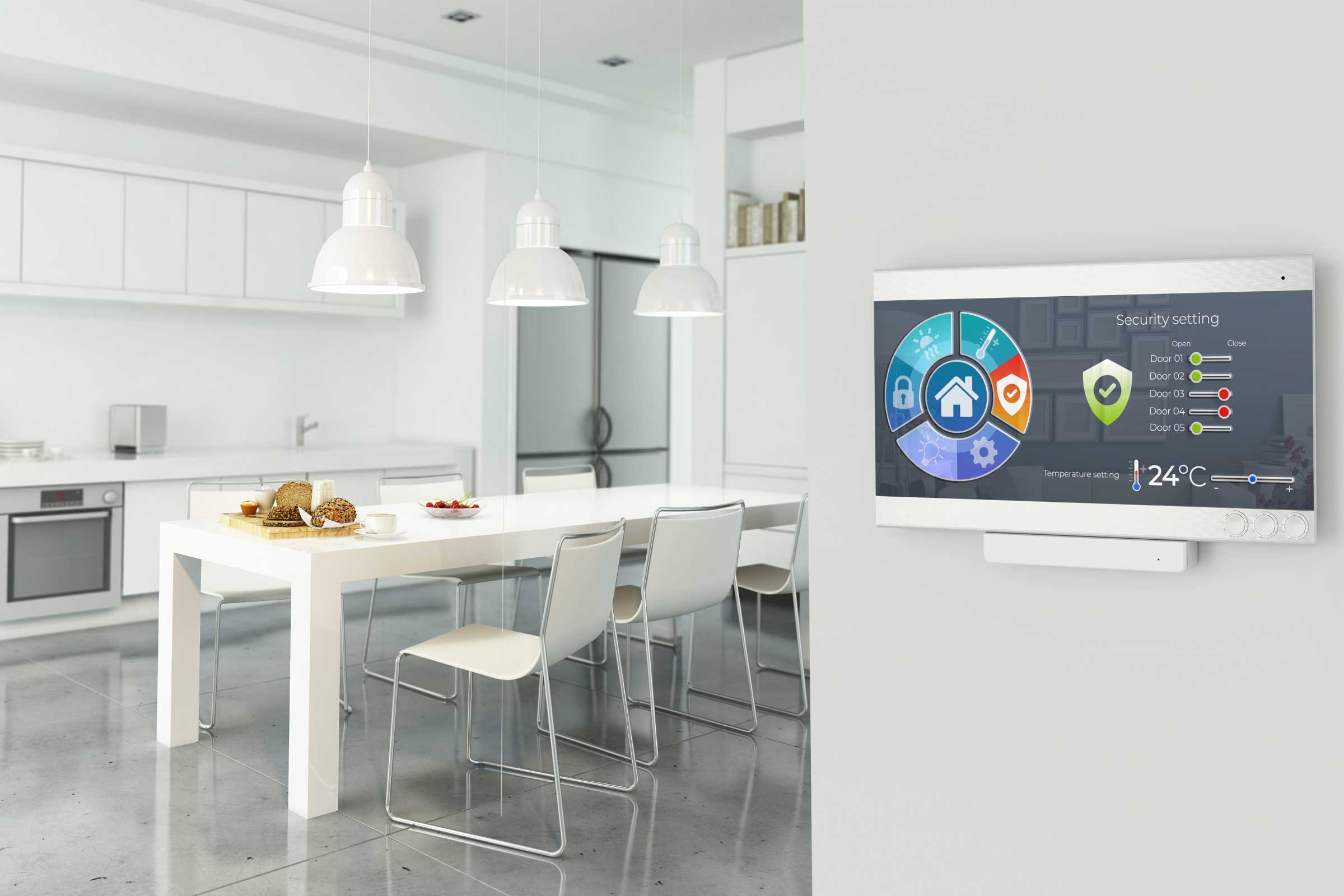 Crisp clean white kitchen with Smart security screen featured