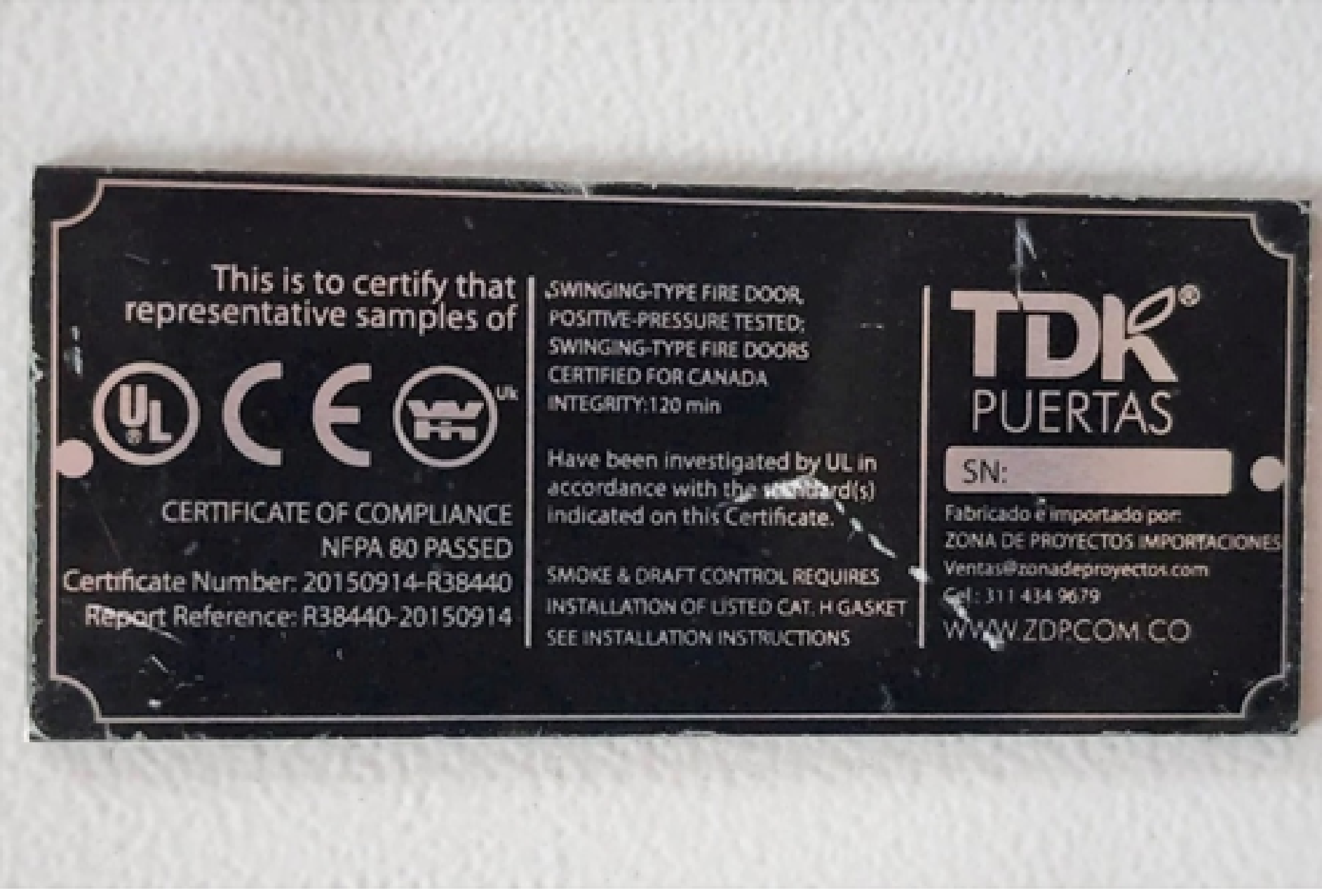 Unauthorized UL certification label on fire door