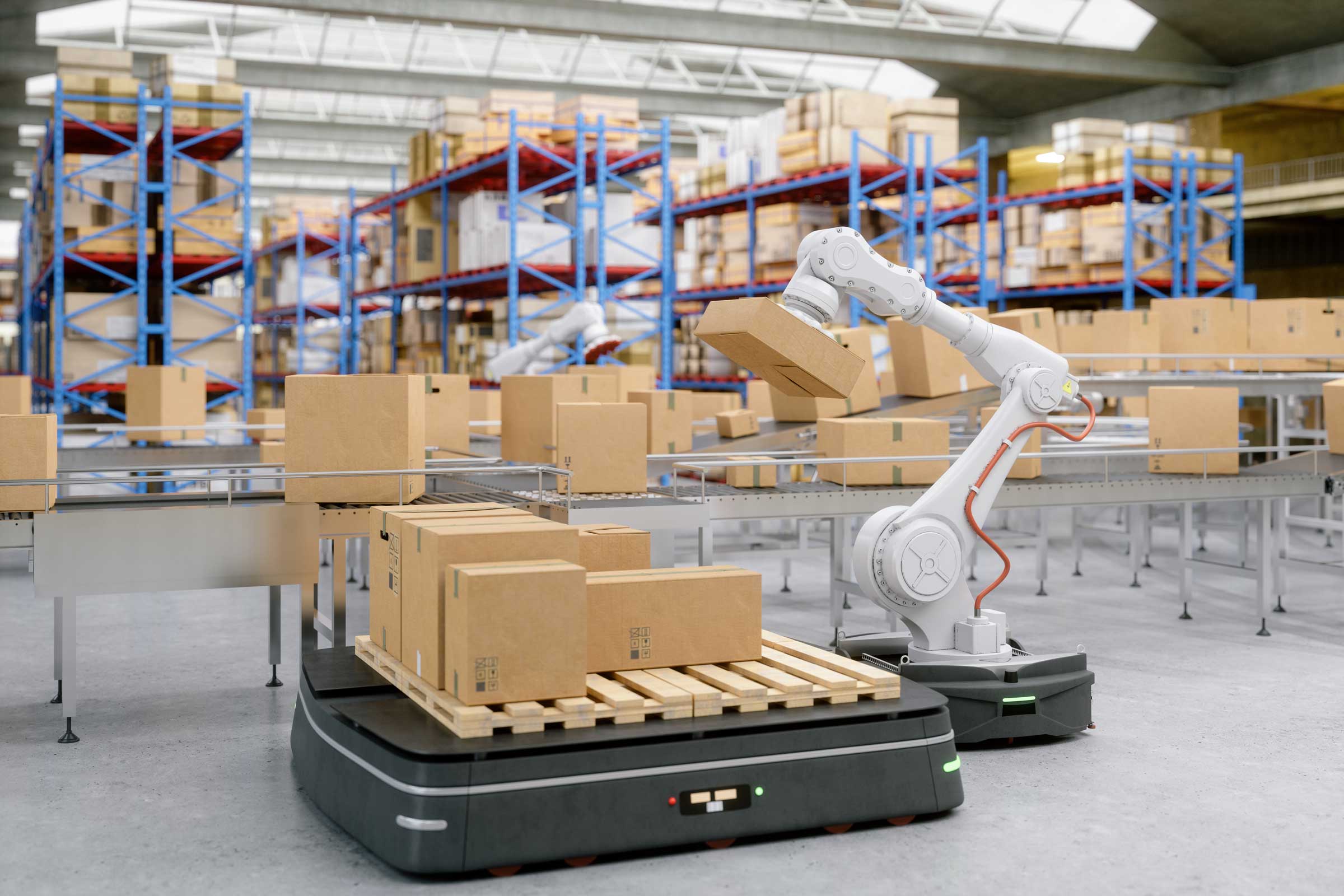 Robotic arm in modern distribution warehouse putting packages on a robotic pallet