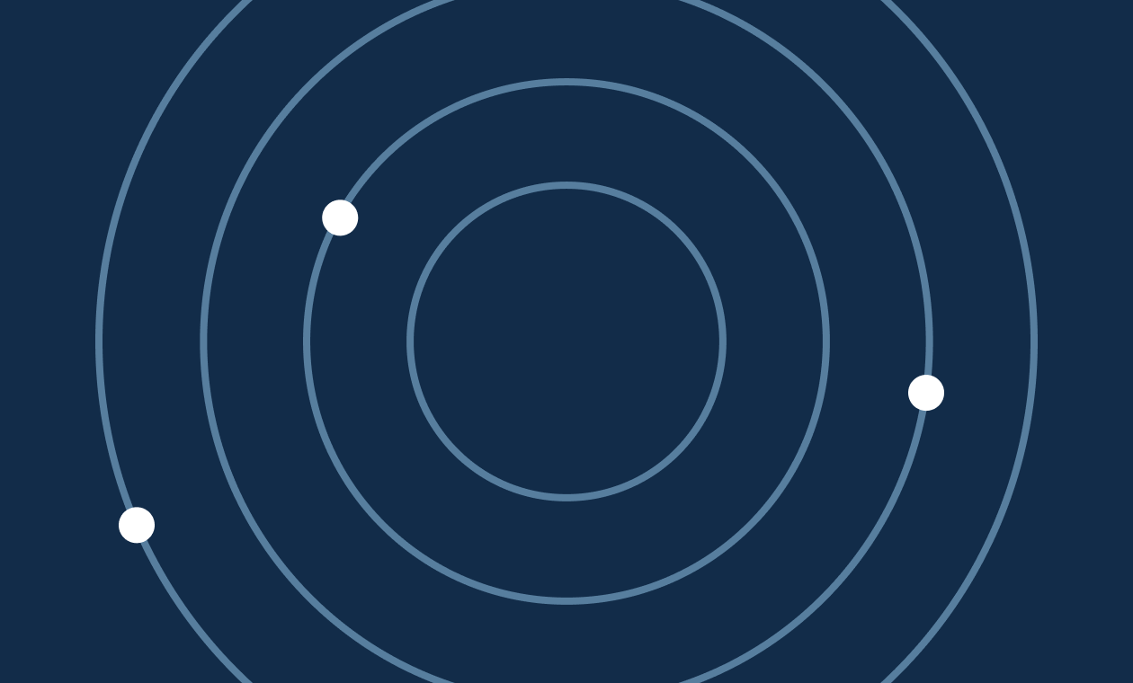 Dark blue background with light blue radiating circles with white dots orbiting on the circles