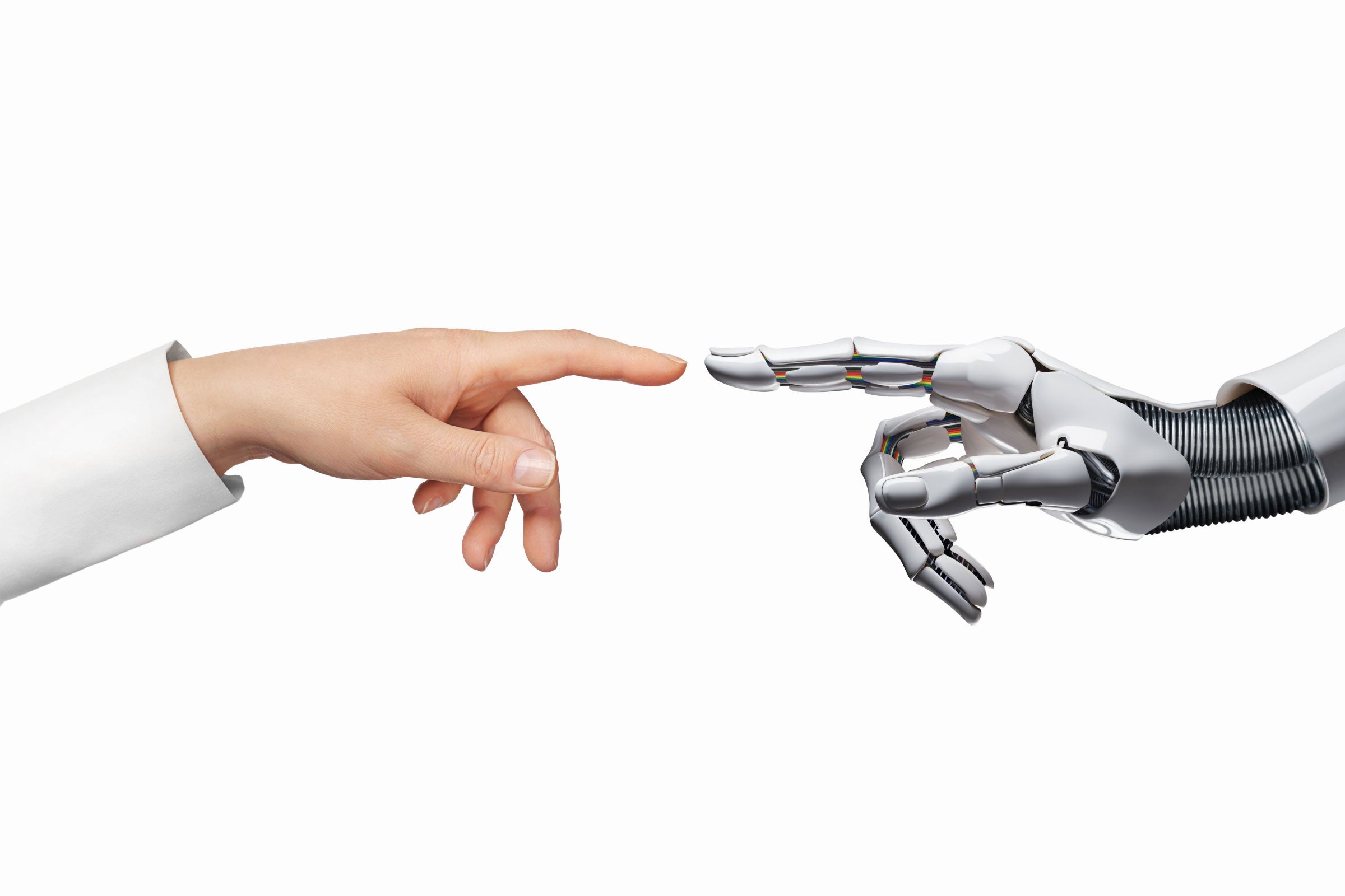 AI and human hand touching index fingers