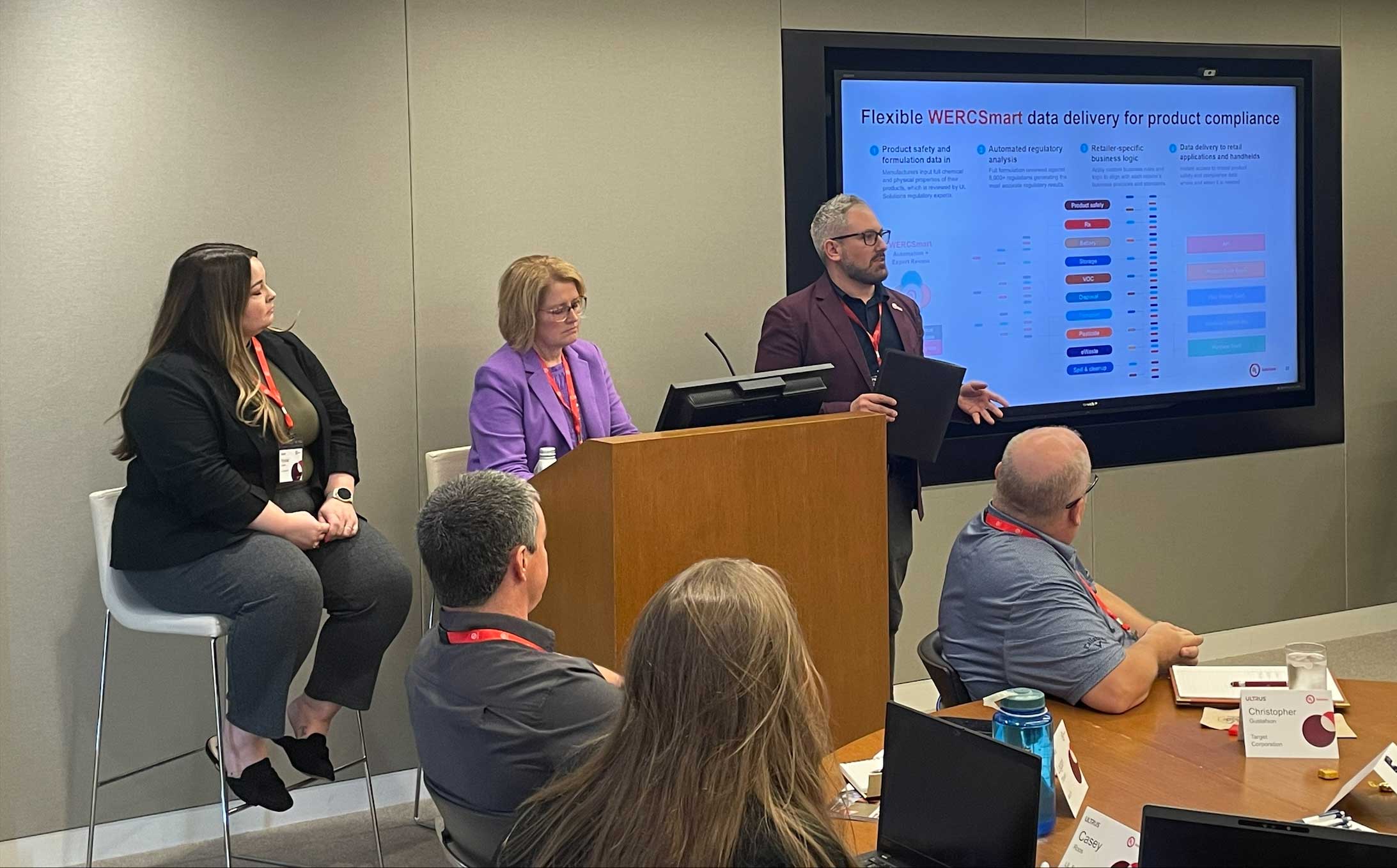 Deb DeBates, product manager of WERCSmart Retail Products, and Andrew Sousa, senior manager of Retail Regulatory Compliance and Sustainability, Supply Chain took the stage to discuss the newly launched Automated Supplier Onboarding feature.