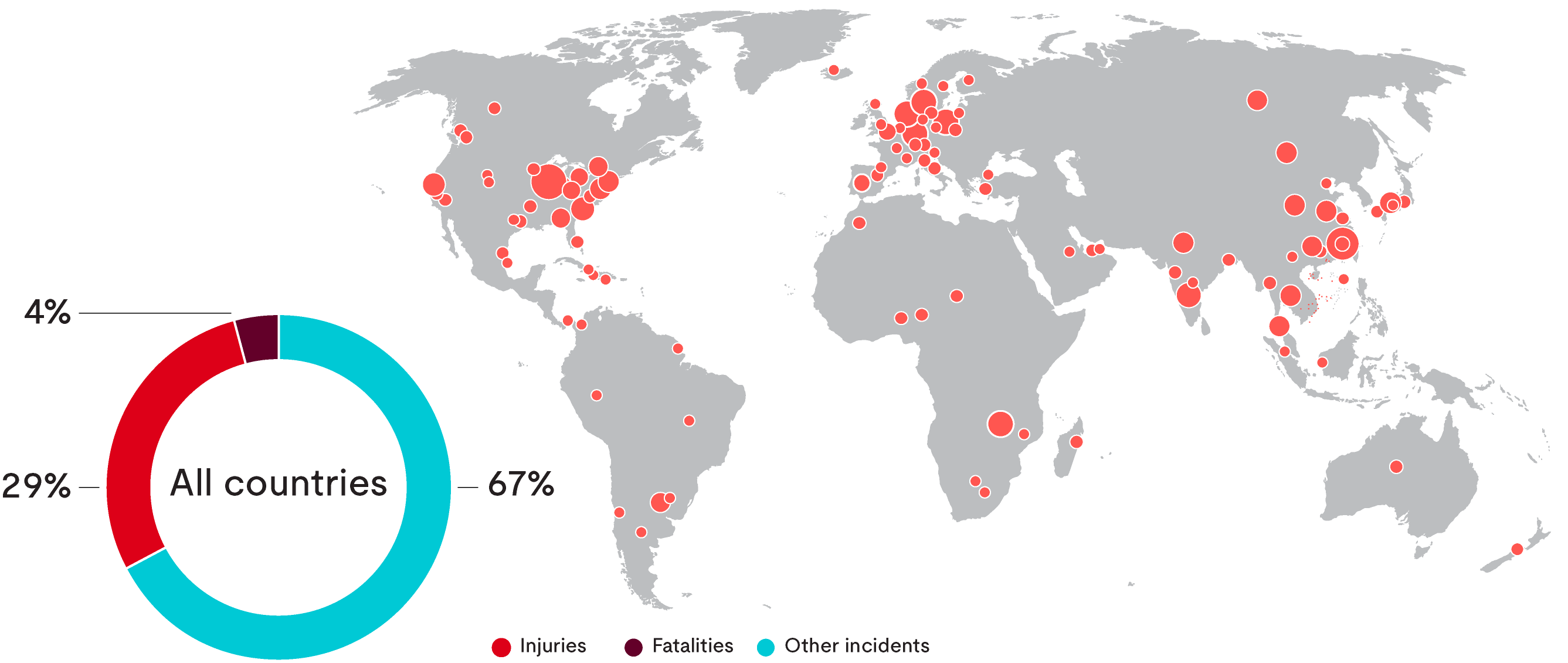 Map of the world showing lithium-ion battery incidents