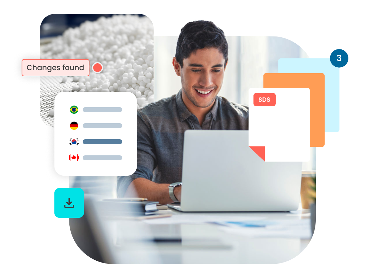 Person using ULTRUS™ Chemical Regulatory Database to look at update to date Safety Data Sheet and Label authoring and compliance with occupational, environmental, health and safety regulations