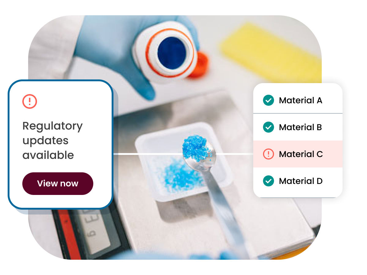 ChemAdvisor® alerting a user that regulatory updates are available for one of the materials in their formulation