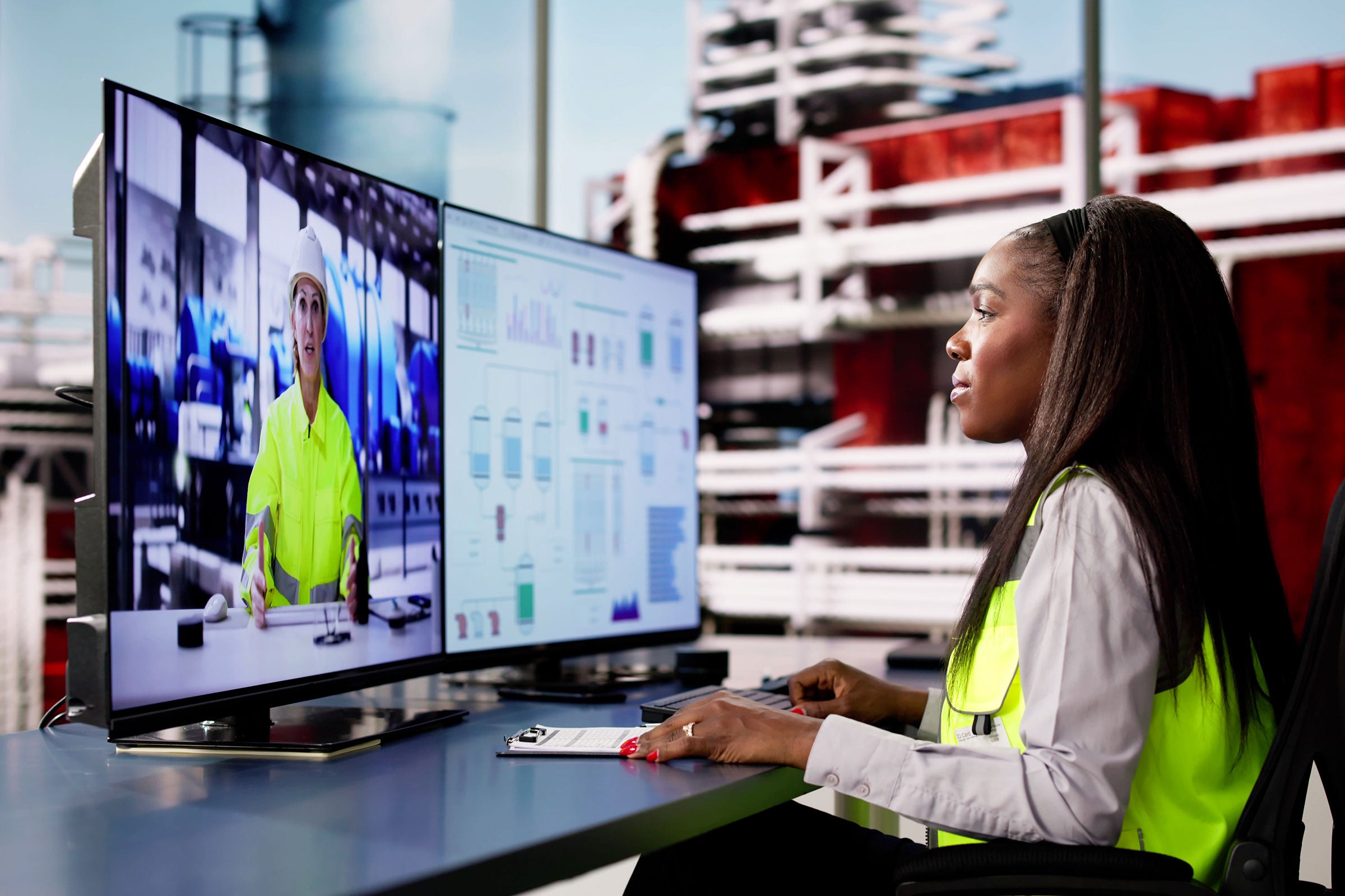 Person taking an online LMS course inside an office at a factory