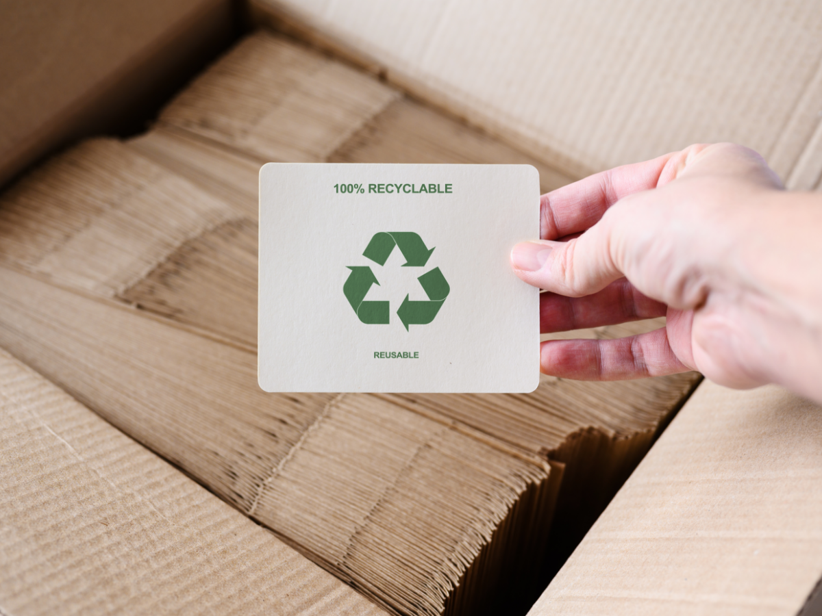 photo of person's hand holding a card with the recycle icon on it