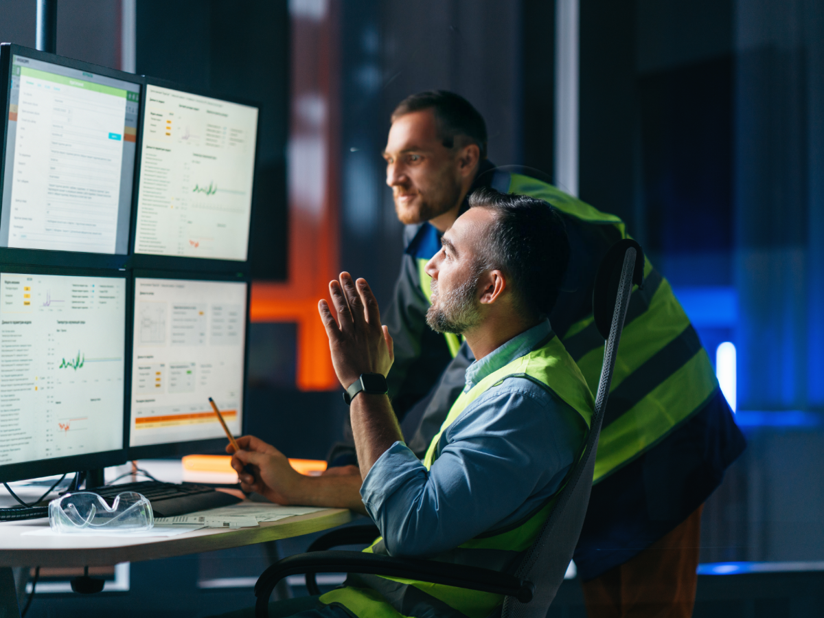 people in high visibility safety vest looking at information on a computer screen