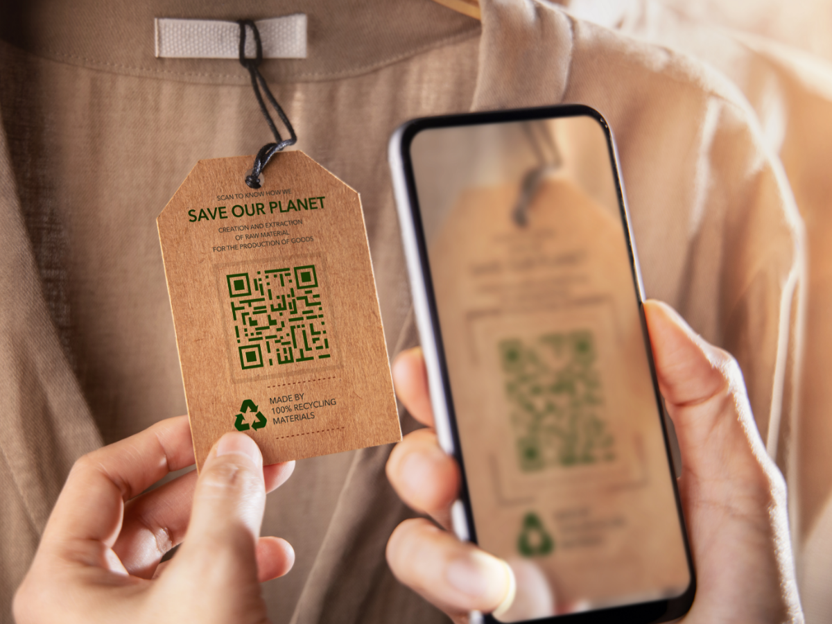 Clothing tag with QR code for sustainability information