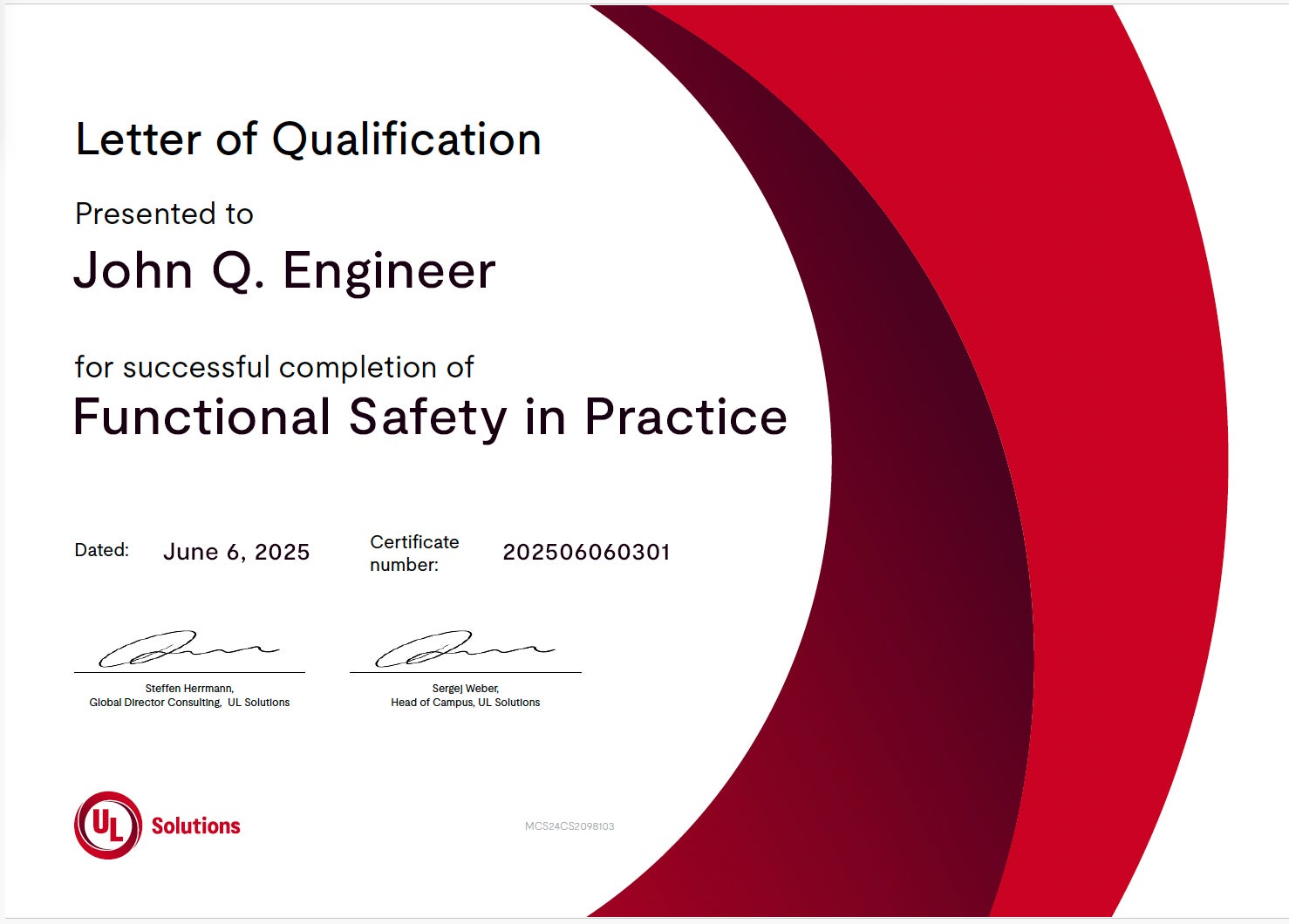 Functional Safety in Practice example letter of qualification