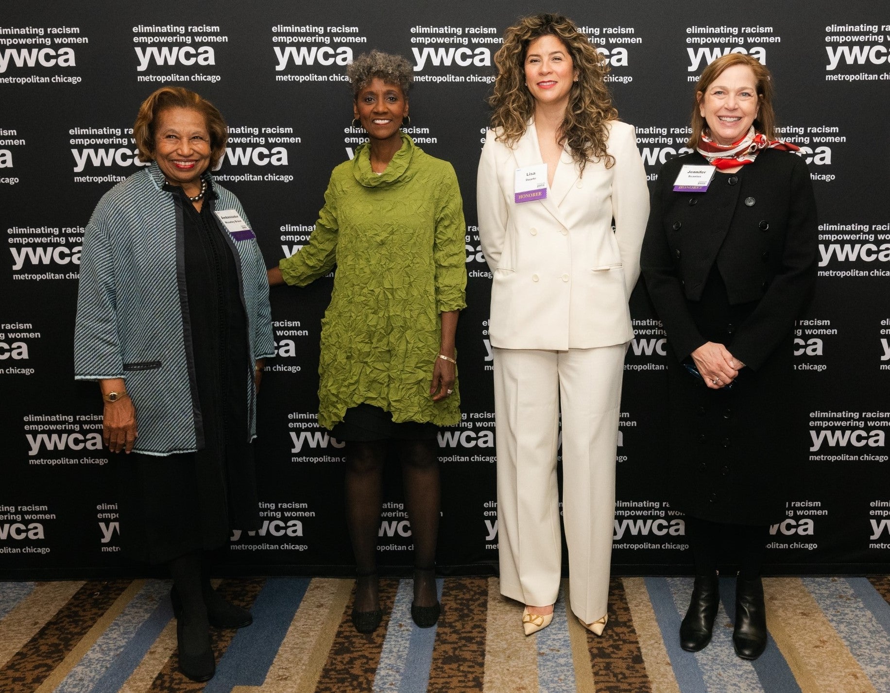 Honorees at the 2024 YWCA Metropolitan Chicago Leader Luncheon: Carol Moseley Braun (left), Dorothy Tucker, Lisa Duarte and Jennifer Scanlon.