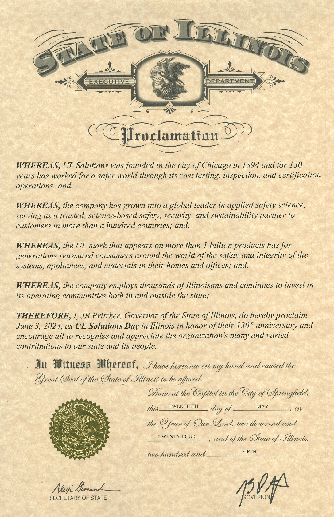 UL Solutions Day in Illinois Proclamation June 3, 2024