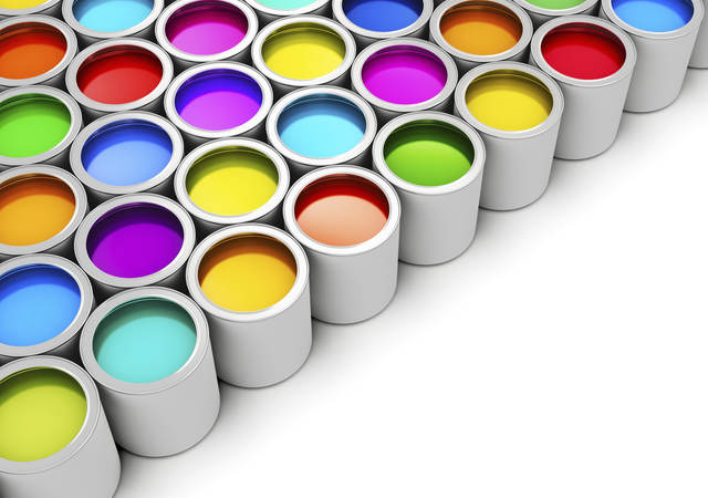 Pristine cans of paint in many colors.