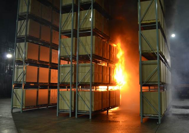 Mock warehouse fire during safety testing