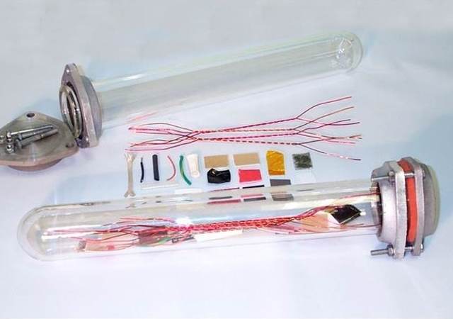 Electrical components in a sealed tube that will be used for testing.   