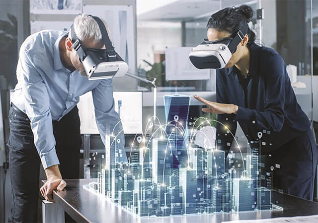 Photo of people using 3D viewer and depiction of technology electronics