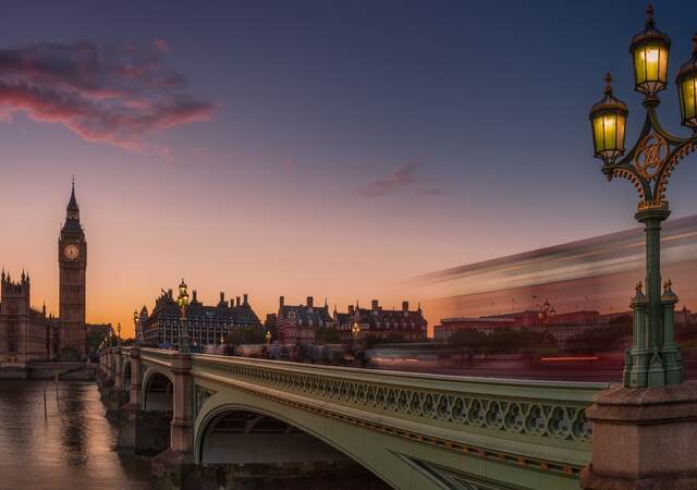 Big Ben and Westminster Bridge in the sunset