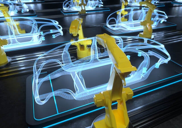 Digital generated image of yellow colored robotic arms working on car production line.