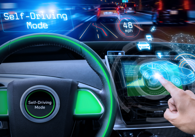 Empty cockpit of vehicle HUD (Heads Up Display) and digital instruments panel.