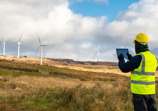 Employee testing wind turbine using device