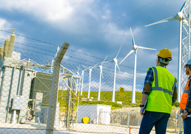 Technicians inspecting wind turbines