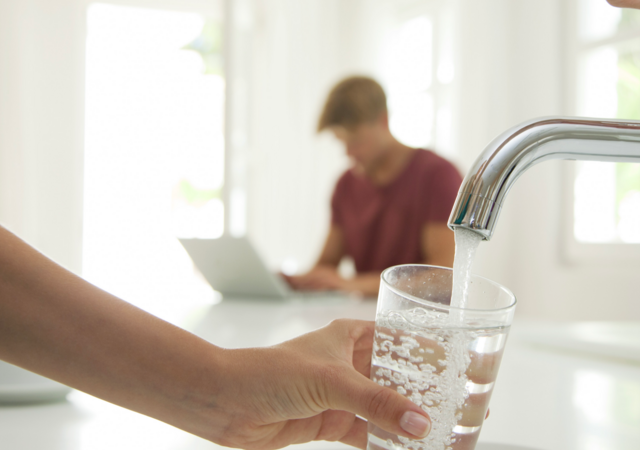 Person filling a glass with water