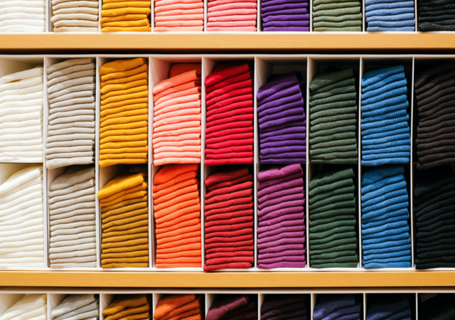 Colorful clothes on a retail shelf