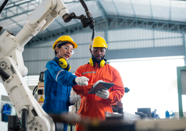 Engineers talking in a factory, with robotic arm in foreground