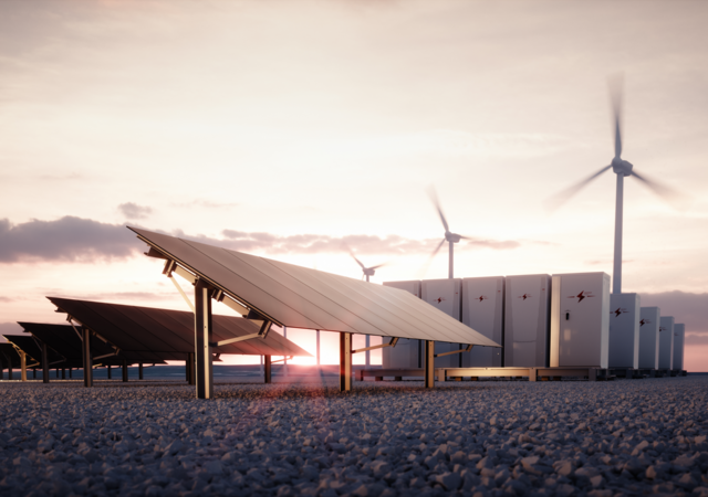 Solar panel and battery field at dusk