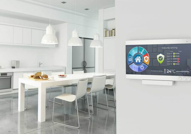 Crisp clean white kitchen with Smart security screen featured