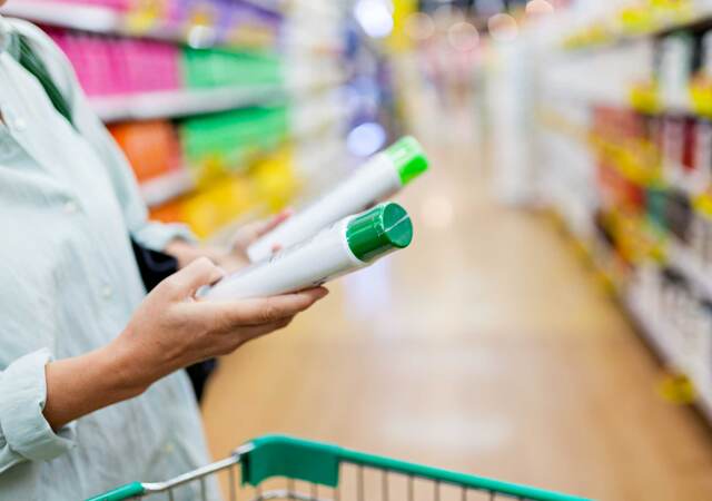 Person comparing green and white plastic bottles in a supermarket