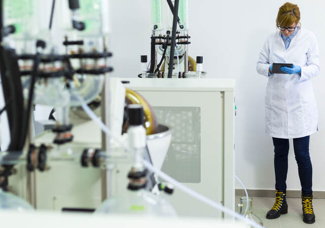 Scientist typing on black tablet in laboratory during CBD oil extraction