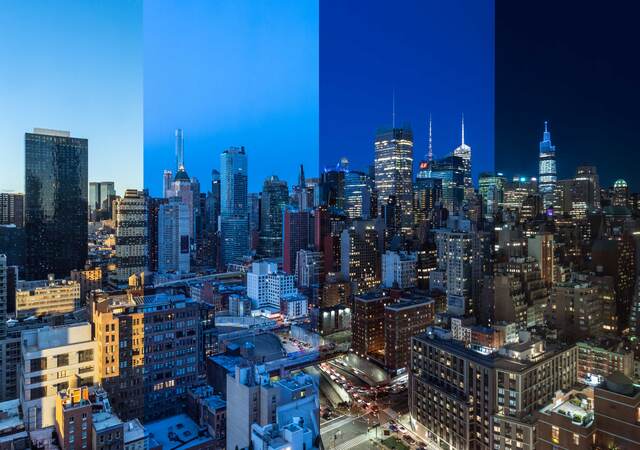 Image of the same city skyline with a progression from day to night to represent circadian rhythm.