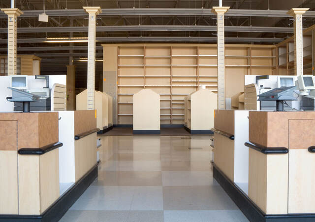 An empty retail store with checkered floors