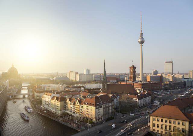 Panorama of Berlin with the Spree River to the left and the Berlin tv tower to the right.  