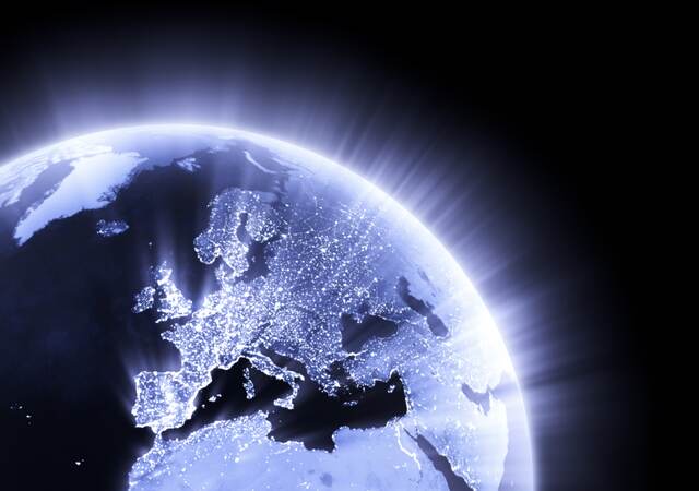 Glowing globe focused on Europe.