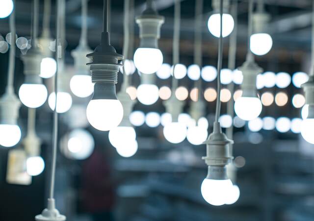 Light bulbs hanging up in a testing laboratory.