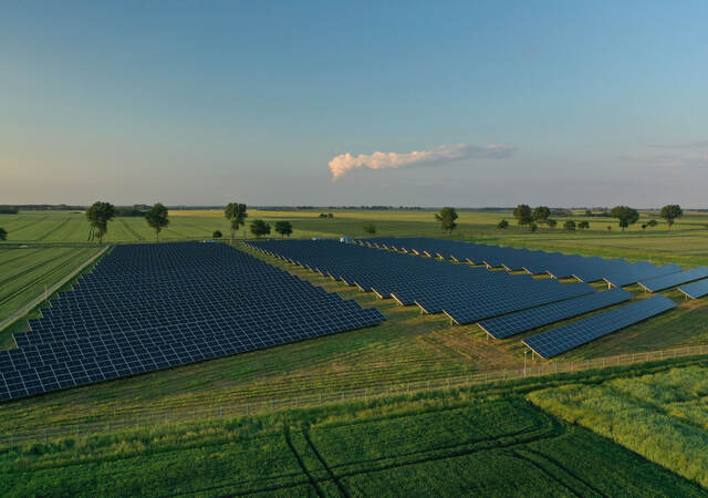 Aerial view of solar power station and solar energy panels 