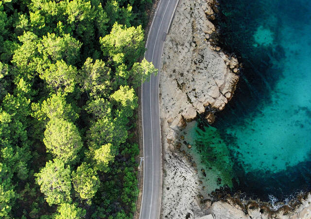 Aerial view of empty road winding between sandy shore and green forest