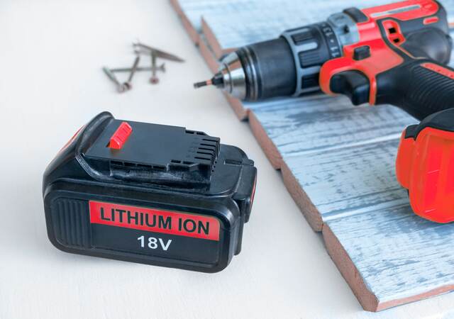 Close up recharge Li-ion battery for electric cordless tool.