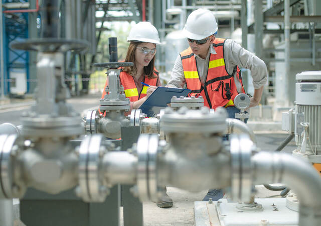 Two engineers inspecting industrial facility