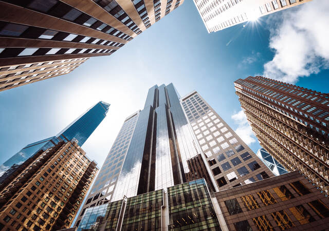 Upward view of skyscrapers