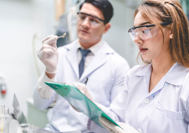 Two pharmaceutical chemists review a capsule