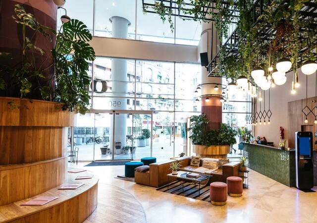 Interior of modern hotel lobby with lots of green plants