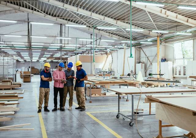 Architects, engineers and blue collar staff working together in modern factory.