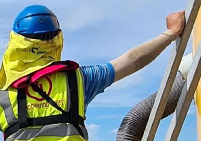 Engineer looking at wind turbines in the distance