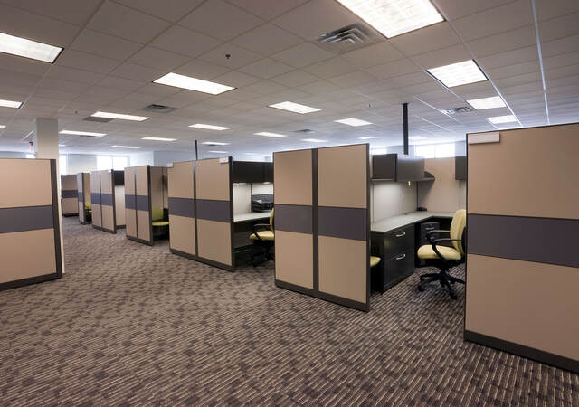 Several vacant cubicles in an office building