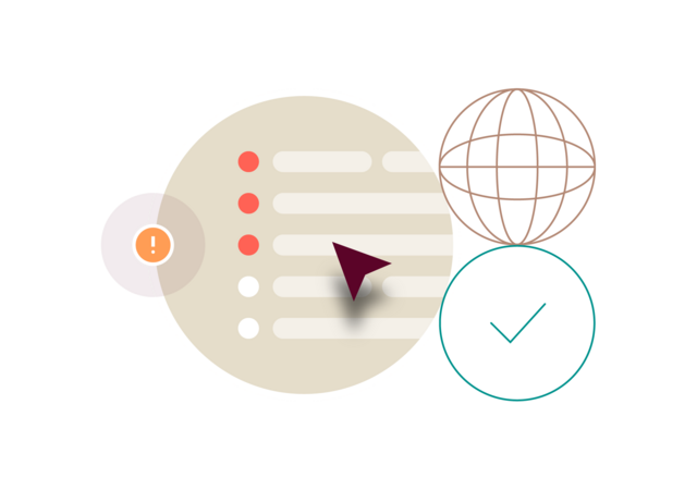 Illustration of a list next to a checkmark and a warning sign