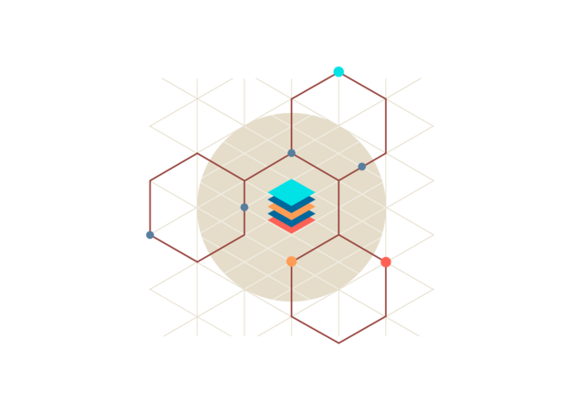 Illustration of a stack of colored squares surrounded by a chemical structure