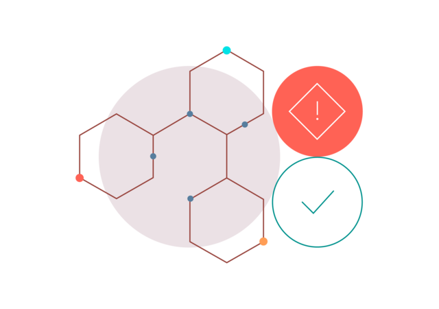 Illustration of a chemical structure next to a warning symbol and a checkmark